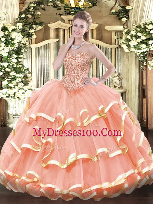 Traditional Floor Length Ball Gowns Sleeveless Peach Quinceanera Gown Lace Up
