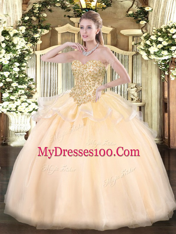 New Arrival Sleeveless Lace Up Floor Length Appliques Sweet 16 Quinceanera Dress