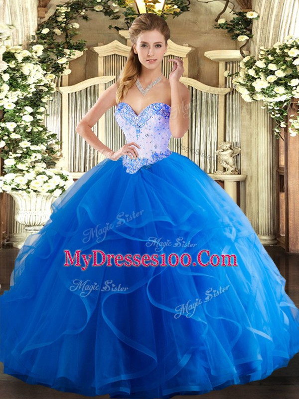 Nice Beading and Ruffles Ball Gown Prom Dress Blue Lace Up Sleeveless Floor Length
