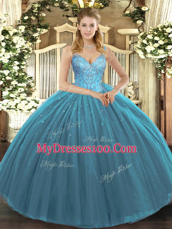 Sleeveless Tulle Floor Length Lace Up Quinceanera Dress in Teal with Beading
