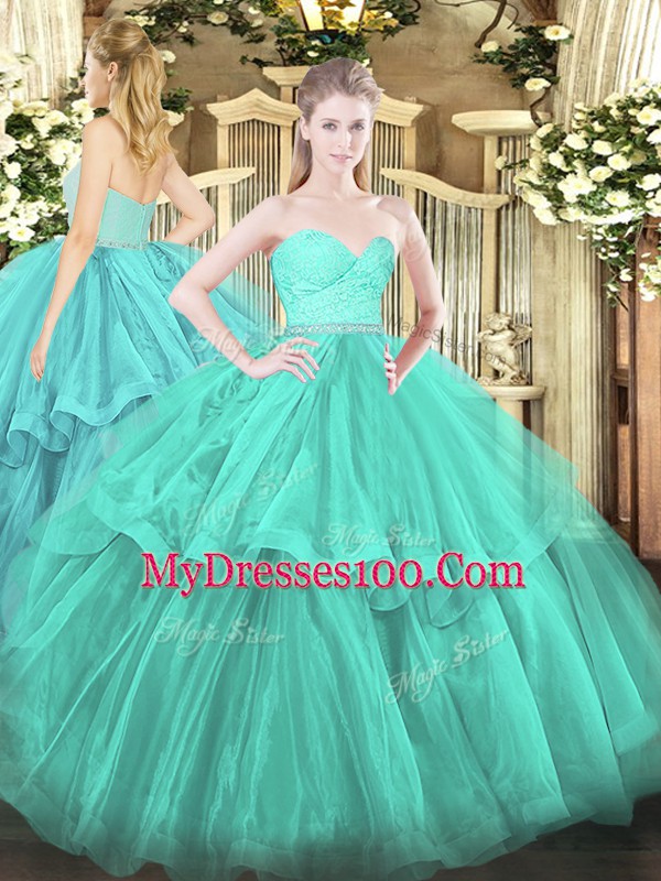 Modern Turquoise Sweetheart Zipper Beading and Lace and Ruffled Layers 15th Birthday Dress Brush Train Sleeveless