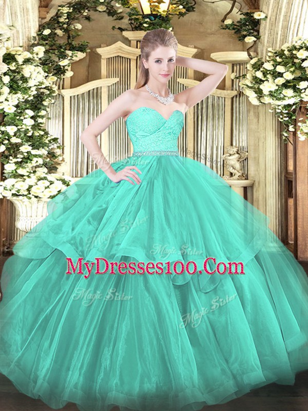 Modern Turquoise Sweetheart Zipper Beading and Lace and Ruffled Layers 15th Birthday Dress Brush Train Sleeveless