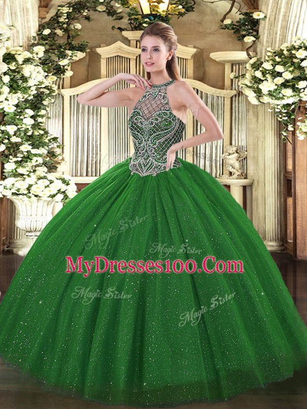 Sleeveless Tulle Floor Length Lace Up Sweet 16 Quinceanera Dress in Green with Beading