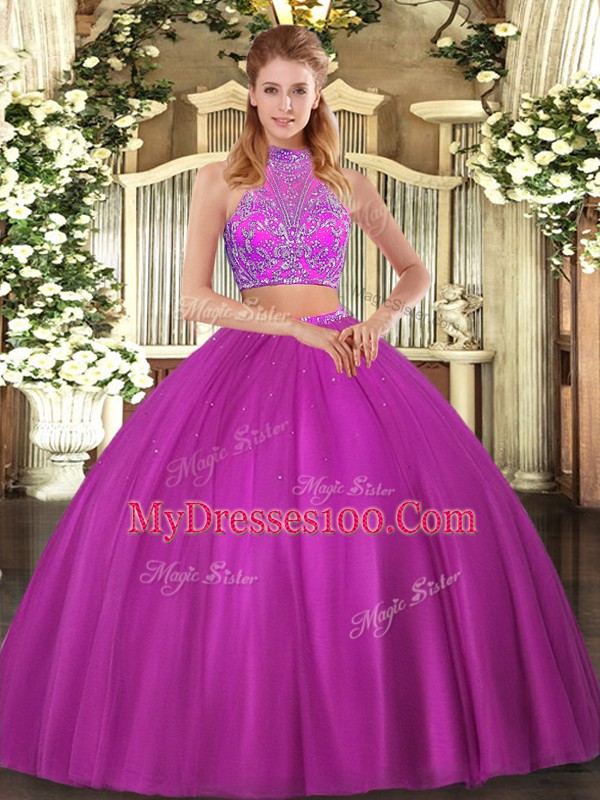 Two Pieces Quinceanera Gown Fuchsia Halter Top Tulle Sleeveless Floor Length Criss Cross