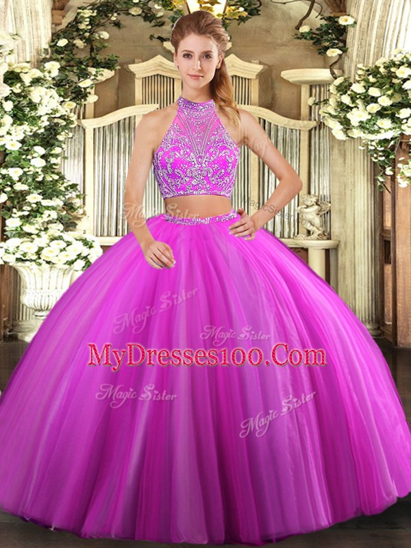 Floor Length Criss Cross 15th Birthday Dress Fuchsia for Military Ball and Sweet 16 and Quinceanera with Beading