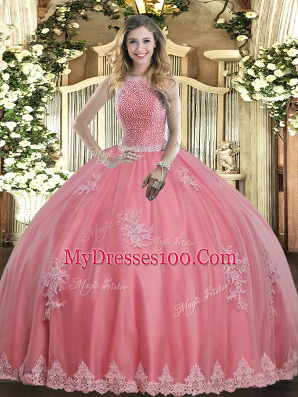Fantastic Baby Pink High-neck Lace Up Beading and Appliques Sweet 16 Dress Sleeveless