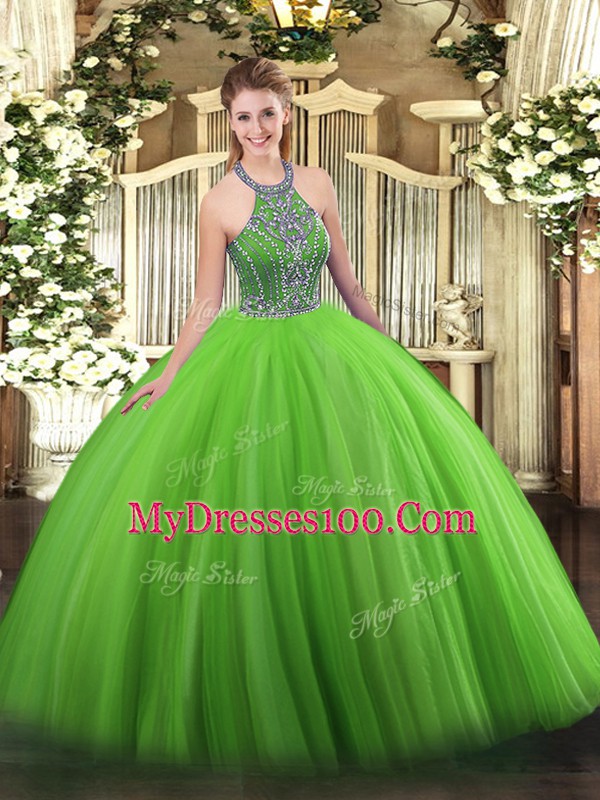 Green Halter Top Neckline Beading Quinceanera Dresses Sleeveless Lace Up