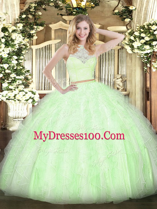 Scoop Sleeveless Zipper Quinceanera Dresses Yellow Green Tulle