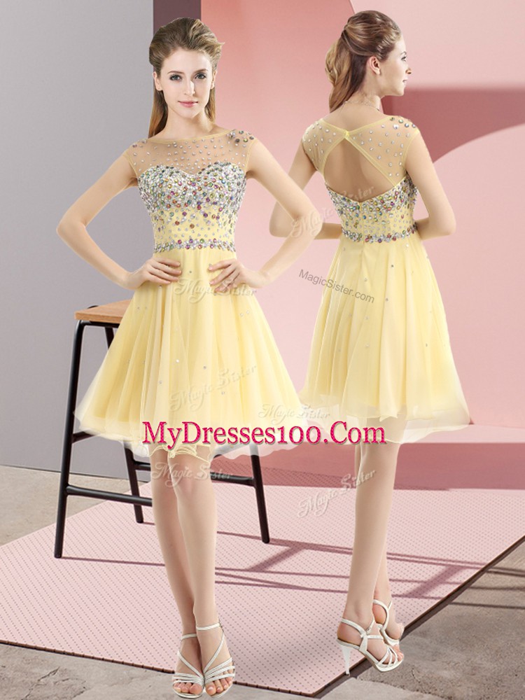 Pretty Sleeveless Tulle Mini Length Side Zipper Prom Party Dress in Light Yellow with Beading