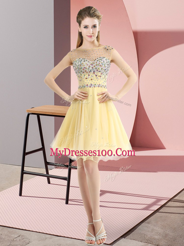 Pretty Sleeveless Tulle Mini Length Side Zipper Prom Party Dress in Light Yellow with Beading