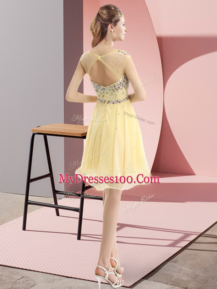 Pretty Sleeveless Tulle Mini Length Side Zipper Prom Party Dress in Light Yellow with Beading