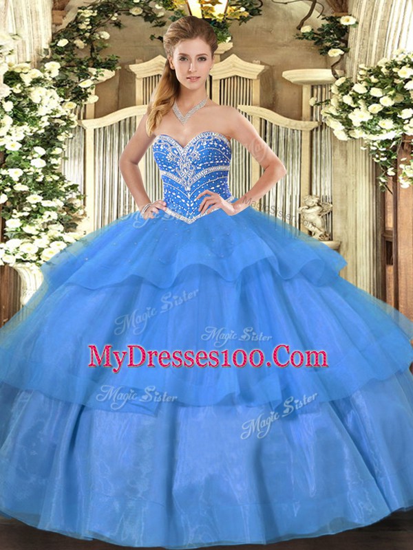 Floor Length Lace Up Quinceanera Dresses Blue for Military Ball and Sweet 16 and Quinceanera with Beading and Ruffled Layers