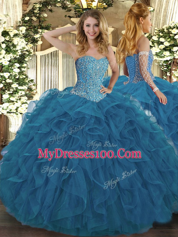 Sweet Sleeveless Tulle Floor Length Lace Up Vestidos de Quinceanera in Teal with Beading and Ruffles