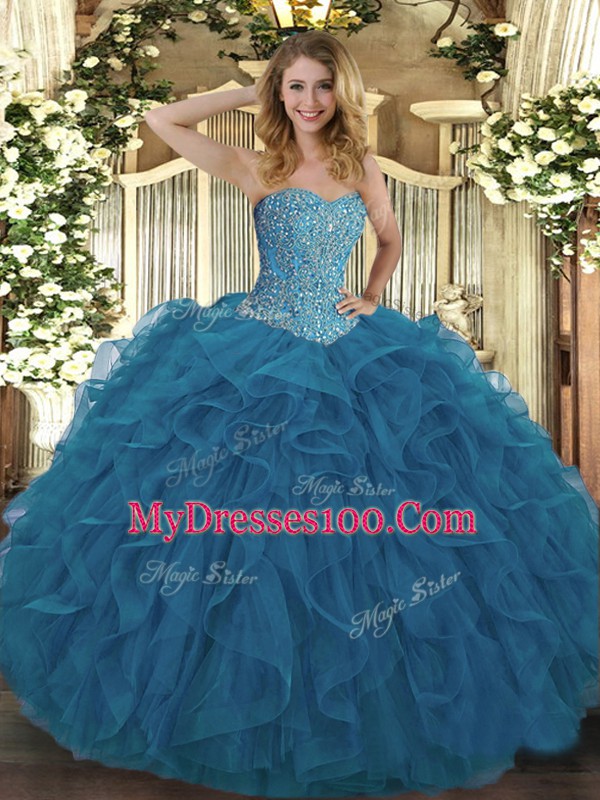 Sweet Sleeveless Tulle Floor Length Lace Up Vestidos de Quinceanera in Teal with Beading and Ruffles
