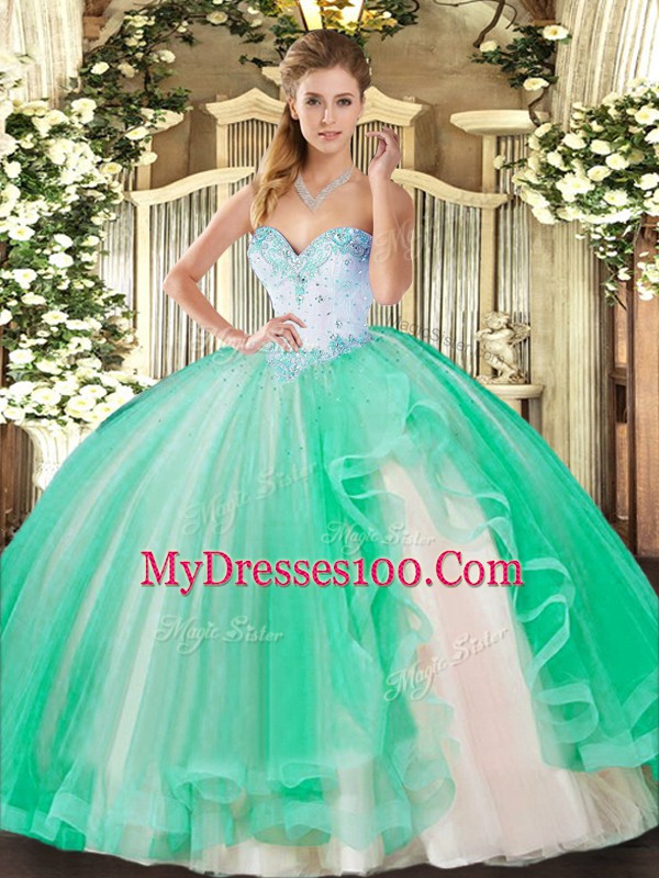Stunning Sleeveless Floor Length Beading and Ruffles Lace Up 15th Birthday Dress with Turquoise