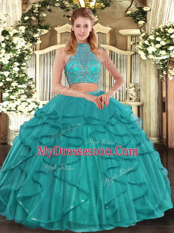 Floor Length Two Pieces Sleeveless Turquoise Quinceanera Gowns Criss Cross