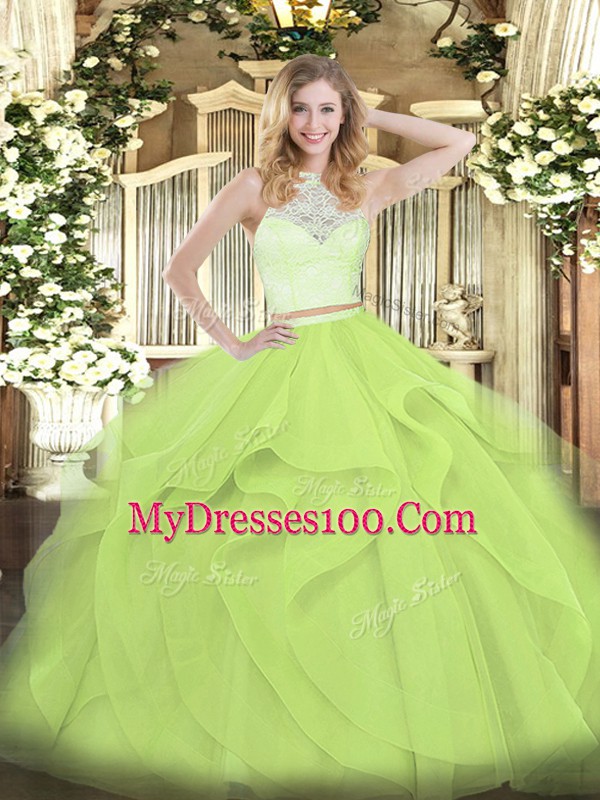 Sexy Yellow Green Scoop Zipper Lace and Ruffles Quince Ball Gowns Sleeveless