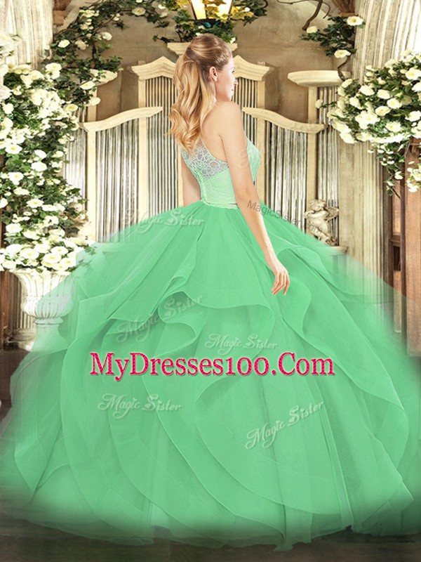 Sexy Yellow Green Scoop Zipper Lace and Ruffles Quince Ball Gowns Sleeveless