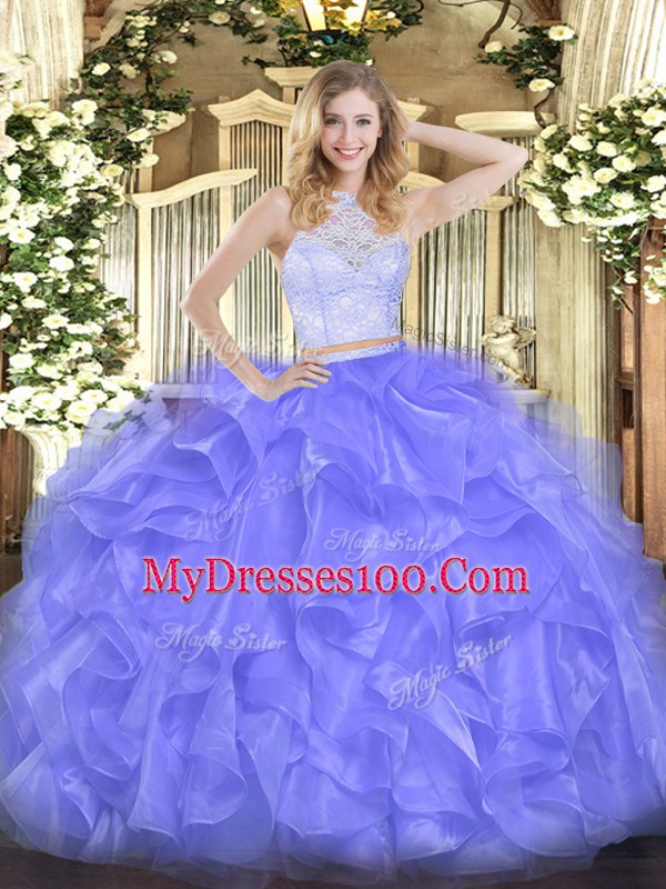Cute Lavender Zipper Scoop Lace and Ruffles 15 Quinceanera Dress Organza Sleeveless
