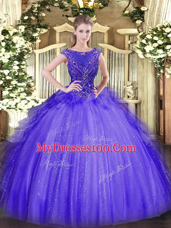 Lavender Ball Gowns Tulle Scoop Sleeveless Beading Floor Length Zipper Quinceanera Dress