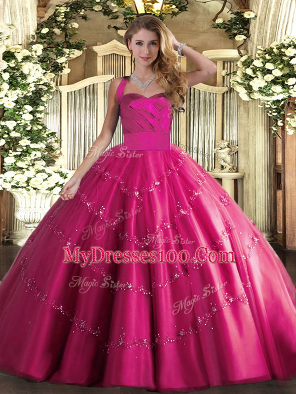 Hot Pink Lace Up Vestidos de Quinceanera Appliques Sleeveless Floor Length