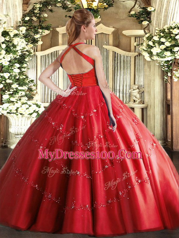 Hot Pink Lace Up Vestidos de Quinceanera Appliques Sleeveless Floor Length