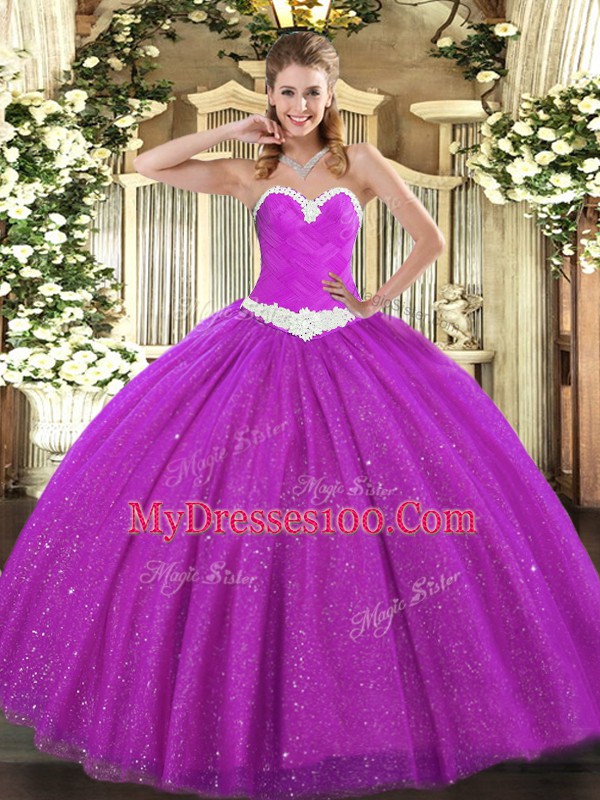 Enchanting Fuchsia Sweet 16 Dresses Military Ball and Sweet 16 and Quinceanera with Appliques Sweetheart Sleeveless Lace Up