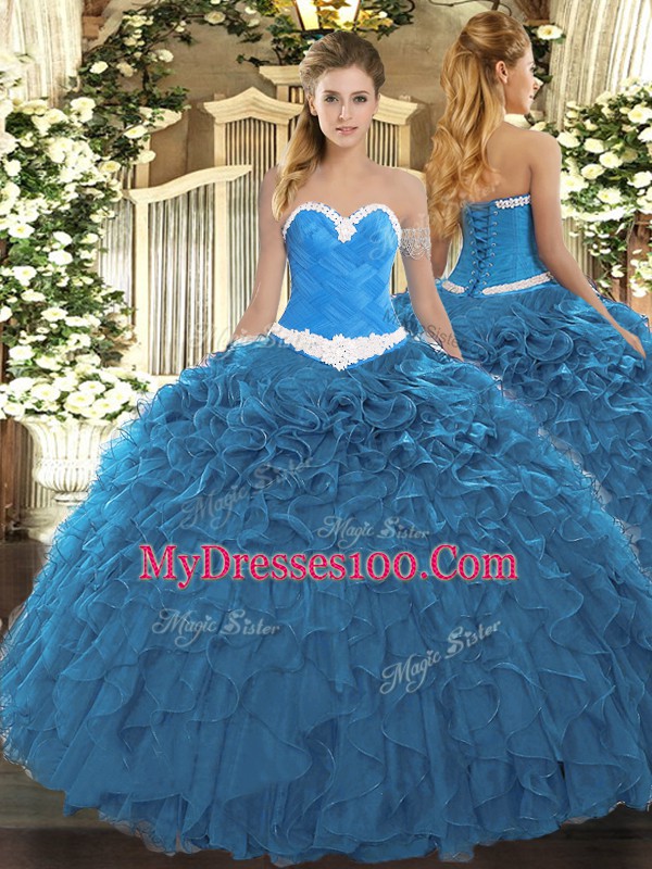 Decent Floor Length Lace Up Quinceanera Gown Blue for Military Ball and Sweet 16 and Quinceanera with Appliques and Ruffles
