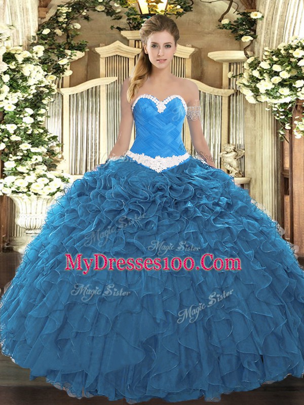 Decent Floor Length Lace Up Quinceanera Gown Blue for Military Ball and Sweet 16 and Quinceanera with Appliques and Ruffles