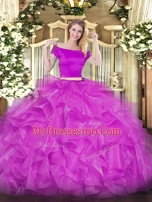 Glittering Fuchsia Short Sleeves Appliques and Ruffles Floor Length Ball Gown Prom Dress