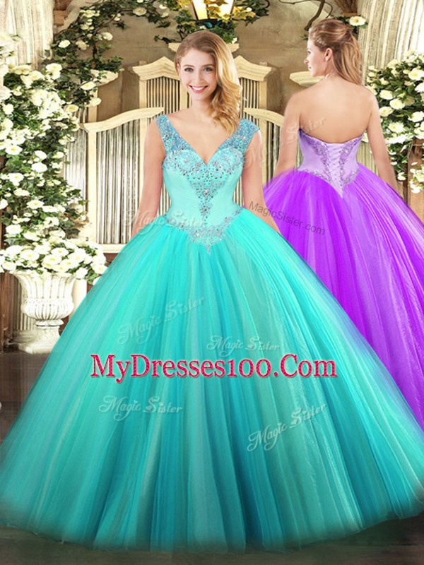 Captivating Beading Sweet 16 Dresses Aqua Blue Lace Up Sleeveless Floor Length