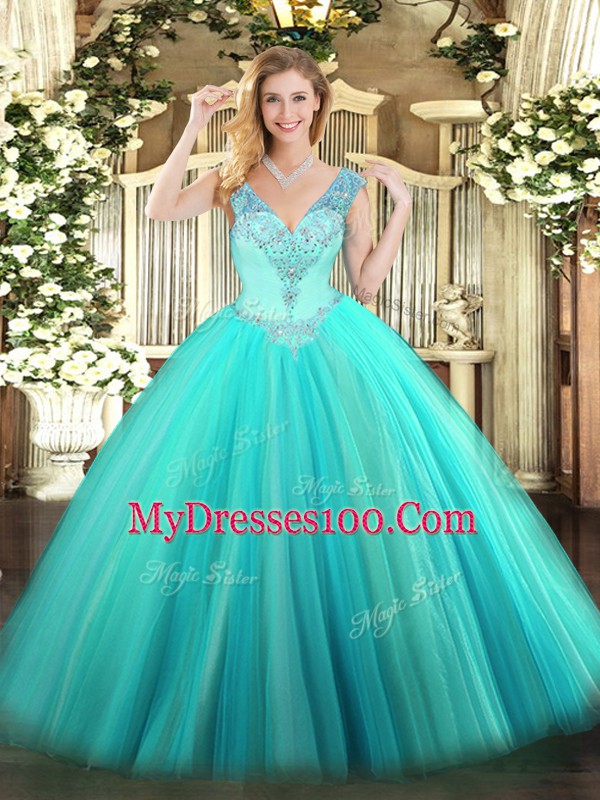 Captivating Beading Sweet 16 Dresses Aqua Blue Lace Up Sleeveless Floor Length