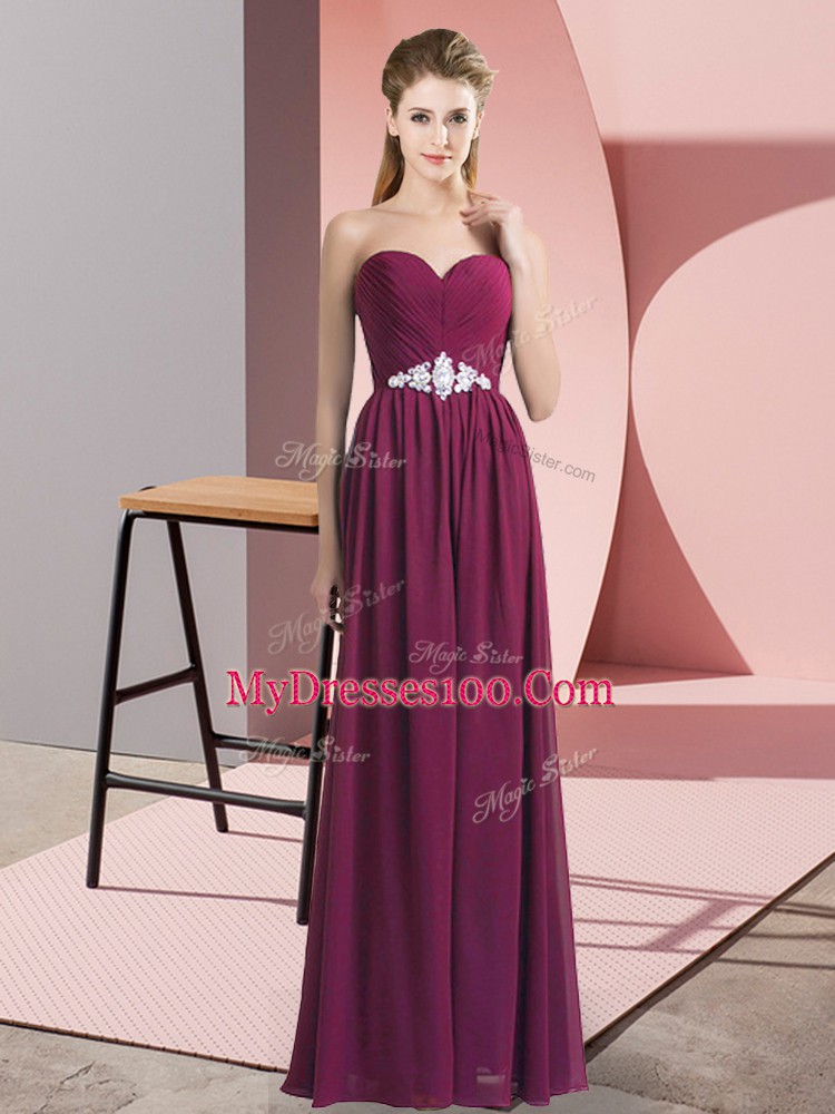 Burgundy Empire Chiffon Sweetheart Sleeveless Beading Floor Length Backless Prom Dress