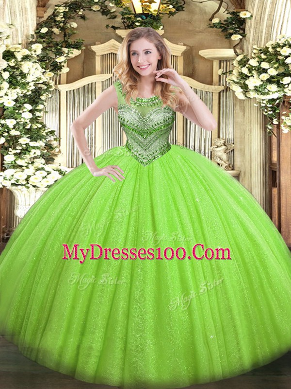 Top Selling Sleeveless Tulle and Sequined Floor Length Lace Up Quinceanera Dress in with Beading