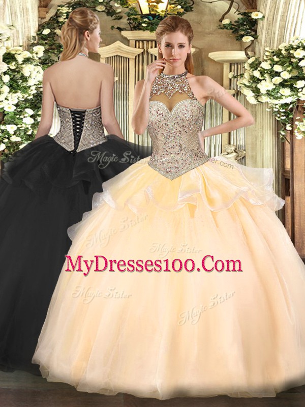 Affordable Peach Lace Up Halter Top Beading 15 Quinceanera Dress Tulle Sleeveless