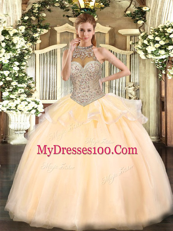 Affordable Peach Lace Up Halter Top Beading 15 Quinceanera Dress Tulle Sleeveless