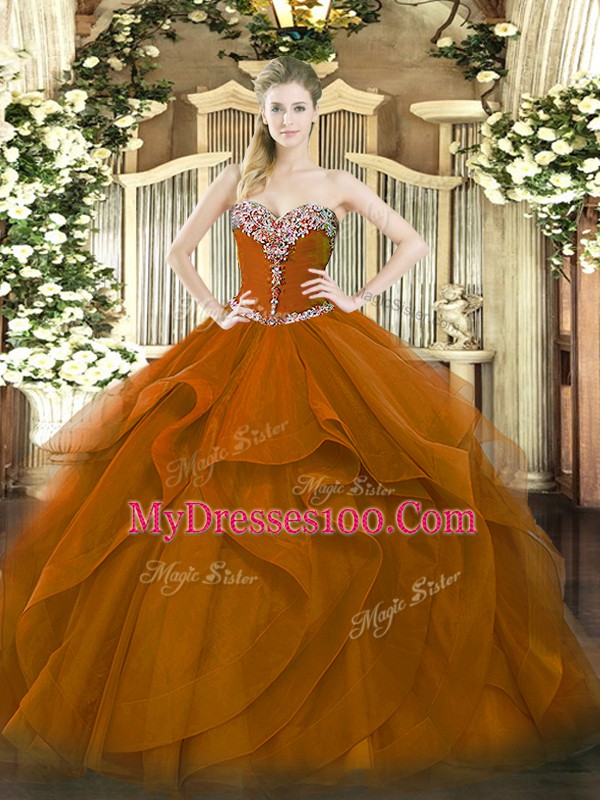 Adorable Sweetheart Sleeveless Lace Up Quinceanera Gown Brown Tulle