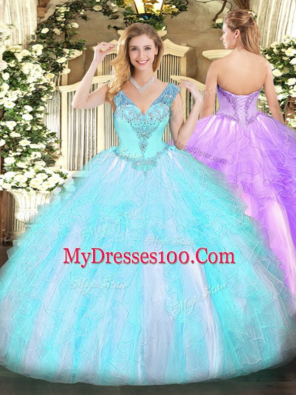 Aqua Blue Lace Up Quinceanera Dresses Beading and Ruffles Sleeveless Floor Length