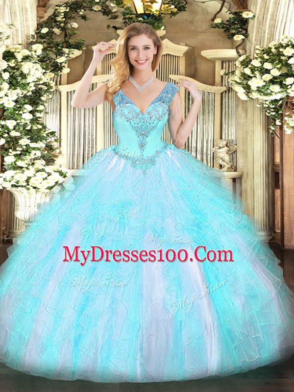 Aqua Blue Lace Up Quinceanera Dresses Beading and Ruffles Sleeveless Floor Length