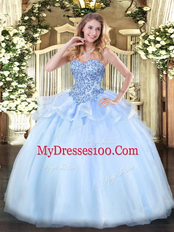 Super Ball Gowns Vestidos de Quinceanera Light Blue Sweetheart Organza Sleeveless Floor Length Lace Up