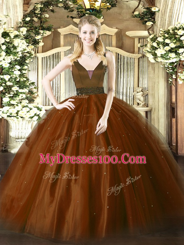 Tulle Sleeveless Floor Length Sweet 16 Dress and Beading