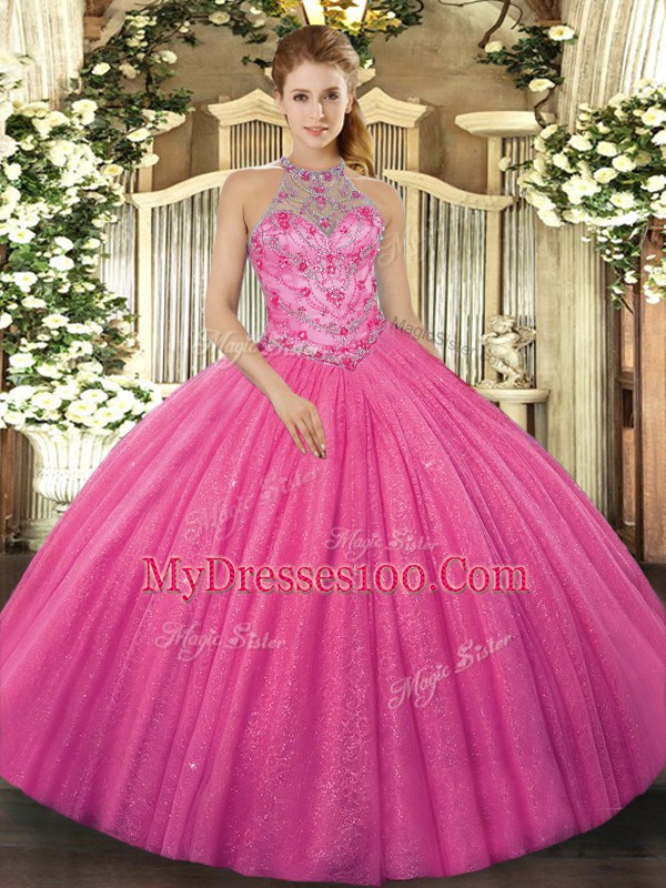 Floor Length Hot Pink Quince Ball Gowns Halter Top Sleeveless Lace Up