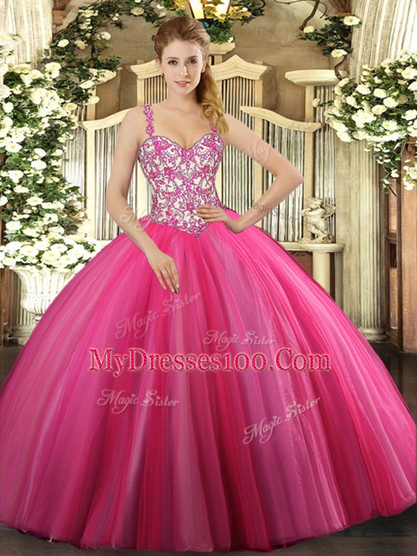 Hot Pink Lace Up Straps Beading Quinceanera Gowns Tulle Sleeveless