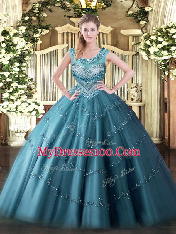 Scoop Sleeveless 15th Birthday Dress Floor Length Beading and Appliques Teal Tulle