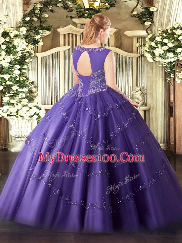 Scoop Sleeveless 15th Birthday Dress Floor Length Beading and Appliques Teal Tulle
