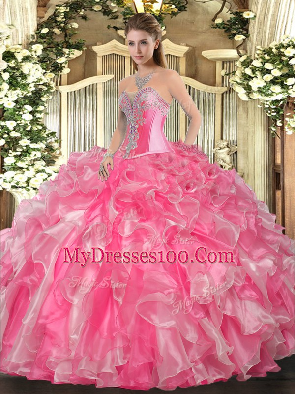 Rose Pink Organza Lace Up Sweetheart Sleeveless Floor Length Quinceanera Dress Beading and Ruffles