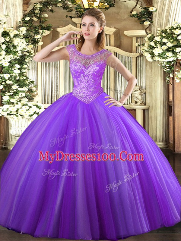 Best Scoop Sleeveless Tulle Quinceanera Gown Beading Lace Up