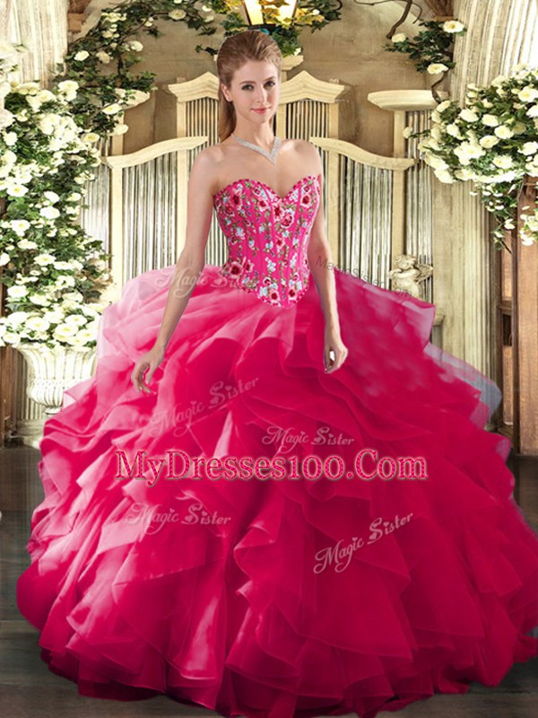 Hot Pink Lace Up Sweetheart Embroidery Sweet 16 Dress Organza and Printed Sleeveless