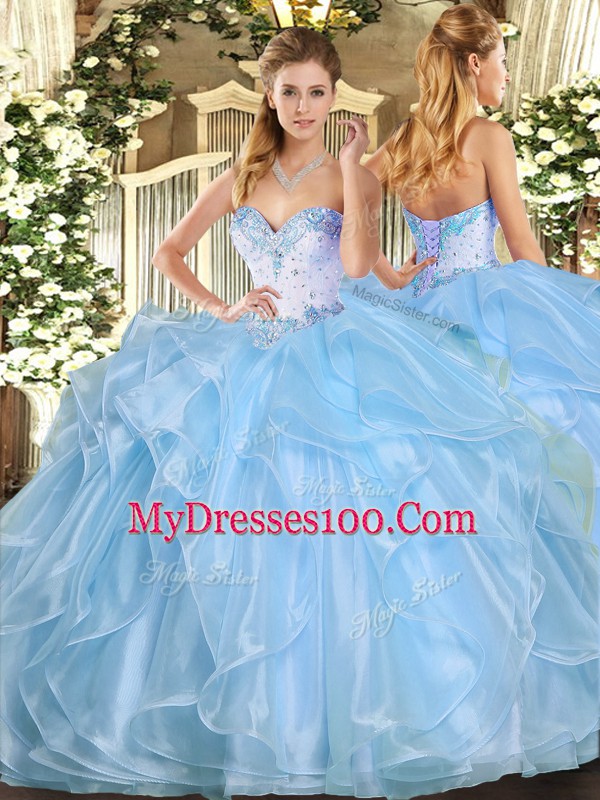Floor Length Aqua Blue Quinceanera Dress Sweetheart Sleeveless Lace Up