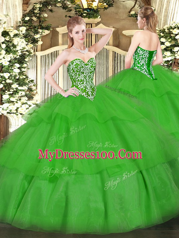 Smart Tulle Sleeveless Floor Length Ball Gown Prom Dress and Beading and Ruffled Layers